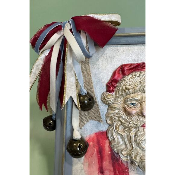 Handcrafted and Hand Painted OOAK Santa Claus Wall Art in Light Blue Frame - Picture 3 of 6